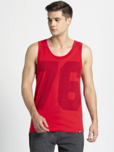 Man wearing a red cotton sleeveless vest with a printed 76 graphic