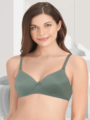 Woman wearing a sage green seamless T-shirt bra