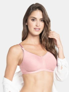 Woman wearing wire-free full coverage bra